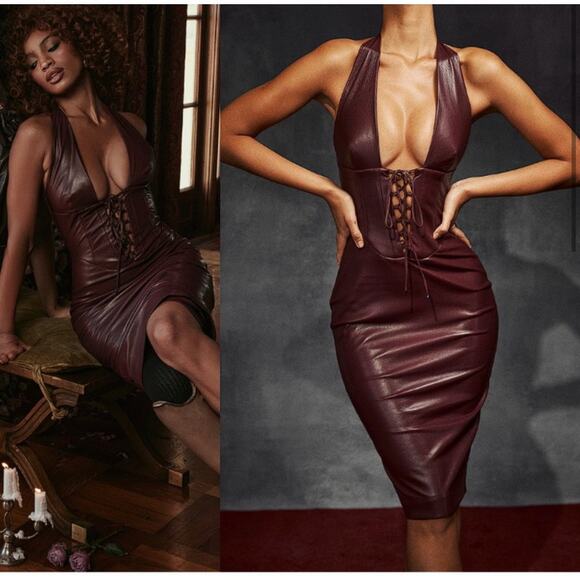 HOUSE OF CB Jaquetta Wine Vegan Leather Halter Lace Up Midi Dress - Picture 3 of 8